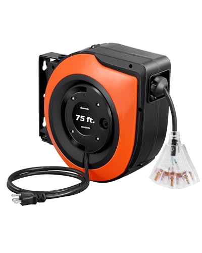 DEWENWILS Retractable Extension Cord Reel, 75 FT Heavy Duty Power Cord, 14/3C SJTOW, Lighted Triple Tap Outlets, 10A Circuit Breaker, Wall/Ceiling Mounted for Garage, Workshop, UL Listed