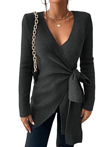 Jerséis de Mujer Jersey Cruzado con Nudo Lateral (Color : Dark Grey, Size : X-Small)