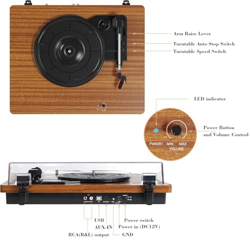 Miniatura 5 de Tocadiscos De Vinilo Bluetooth Con Altavoces Estéreo Y Usb, Salida Del Reproductor En Rca, Color Madera Gramófono Fono Para Home Entertainment