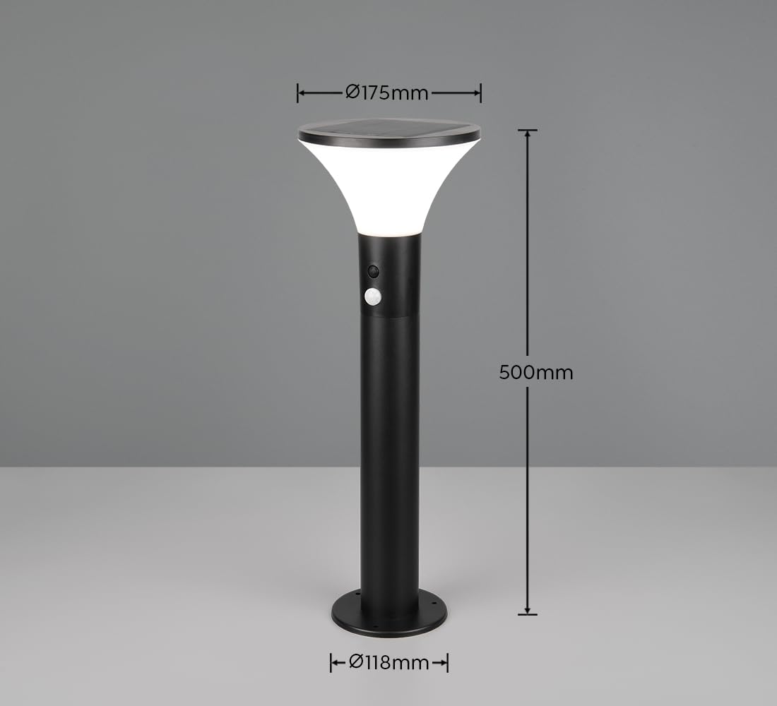 Reality Leuchten LED Éclairage d’allée extérieur GORDA R54676132, Plastique Noir mat, LED 3,5 watts, Hybride solaire/batterie, Capteur crépusculaire, Capteur de mouvement