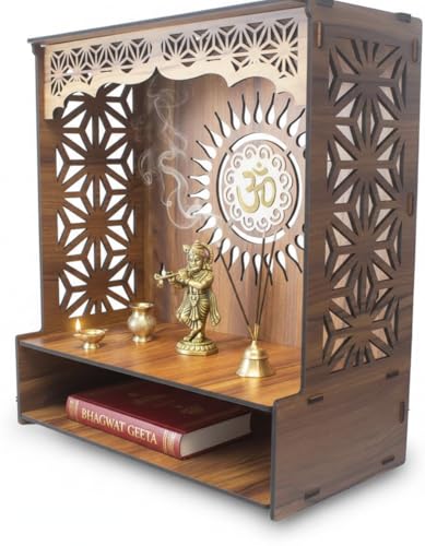 Image of Royal Walnut Finish Wooden Pooja Mandir | Wall Mounted Home Temple with LED Lights & Spacious Storage | Premium Handcrafted Puja Unit (37.5 * 29 * 25 CM) (Large) A6