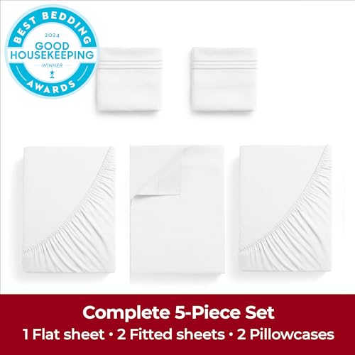 Image of Mellanni Extra Deep Split King Sheets - 5 PC Iconic Collection Bedding | Hotel Luxury, Ultra Soft, Cooling Bed Sheets - Wrinkle, Fade, Stain Resistant (Split King, White)