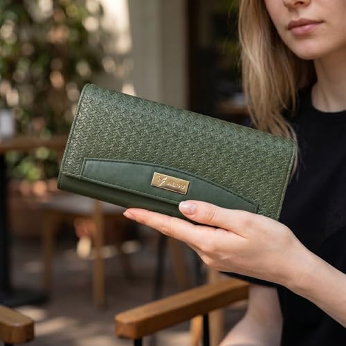 Image of ALSU Premium Vegan Leather Women's Wallet Black | Elegant Clutch Purse with 6 Card Slots, 3 Main Compartments & Phone Pocket | Designer Wallet for Everyday Use (Green)
