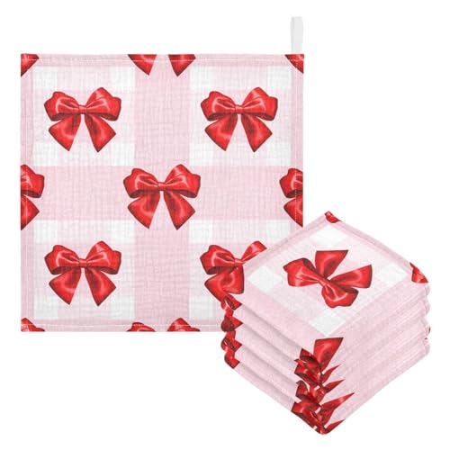 Nander 3Pack Baby Muslin Washcloths,Red Ribbon Bow Soft Face Cloths for Newborn, Absorbent Bath Wash Cloths, Wipes, Burp Rag,Toddlers Essentials Stuff, Baby Registry as Shower