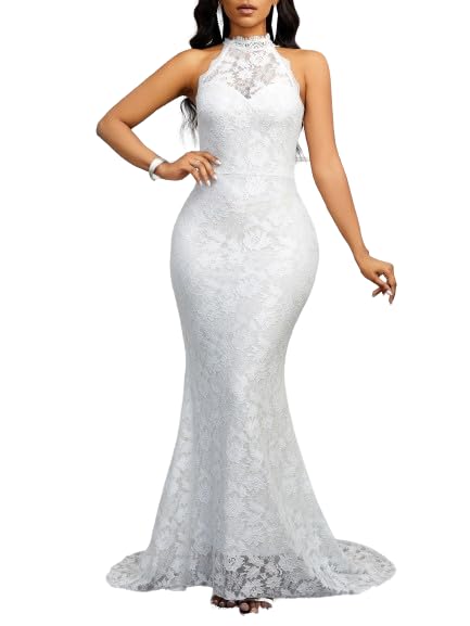 Image of Women's Sexy Plus Size Floral Lace Halter Neck Long Tail Sleeveless Slim Fit Mermaid Wedding Party Dress for Women White