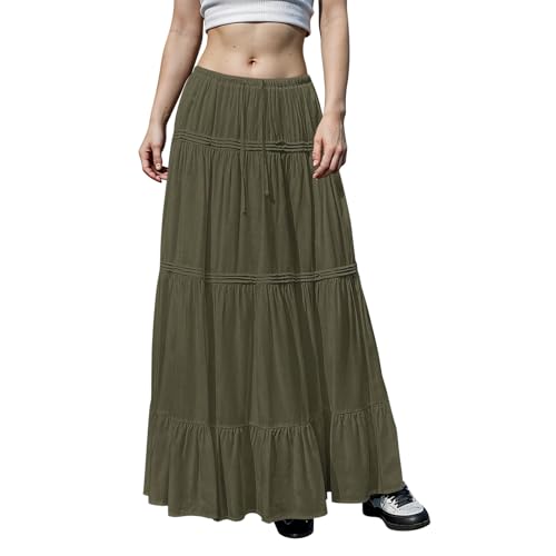 Summer Skirts for Women Trendy Drawstring Waisted Flowy Tiered Linen Maxi Skirt Pleated Ruffled A-Line Long Skirts4