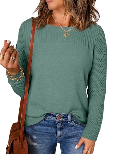 Image of EVALESS Womens Sweaters Casual Long Sleeve Crewneck Knit Lightweight Hollow Out Crochet Sweater Pullover Tops