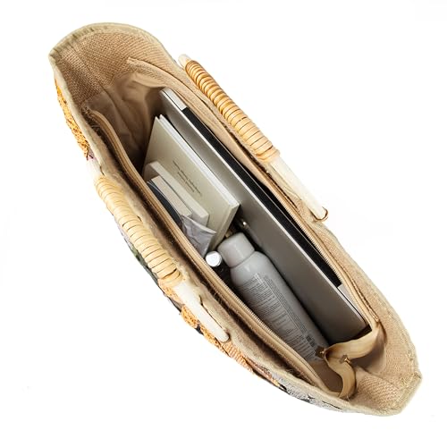 Image of Rattan Wood Handle Sequin Embroidered Floral Beach Bag Tote for Vacation and Wedding Party