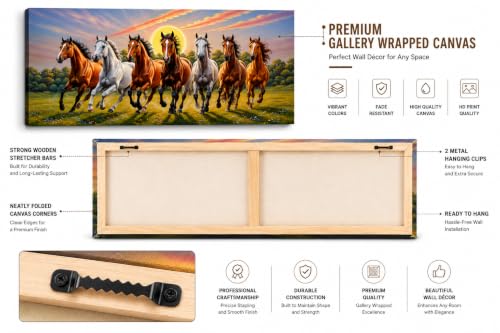 Image of 7 Horse Vastu Sunrise Canvas Painting | Positive Energy Wall Decor | Big Size Premium Running Horses Artwork for Home, Office & Hall Decoration (Modern, Brown Horse, 44x20 Inch)