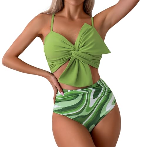 Matching Swimsuit Couples Green Wave Large Bowknot High Waisted Bikini Set & Matching Men Swim Trunks3