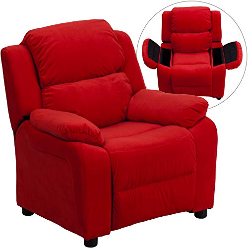 Flash Furniture Deluxe Padded Contemporary Red Microfiber Kids Recliner with Storage Arms