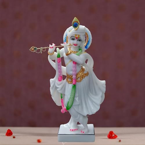 Image of Marble Handicraft God Krishna Idols Statue Murti for Home Decoration and Temple Decoration Items for Home Decor Living Room Mandir Temple Pooja Room Table Top Office Decorative Gifts(White)