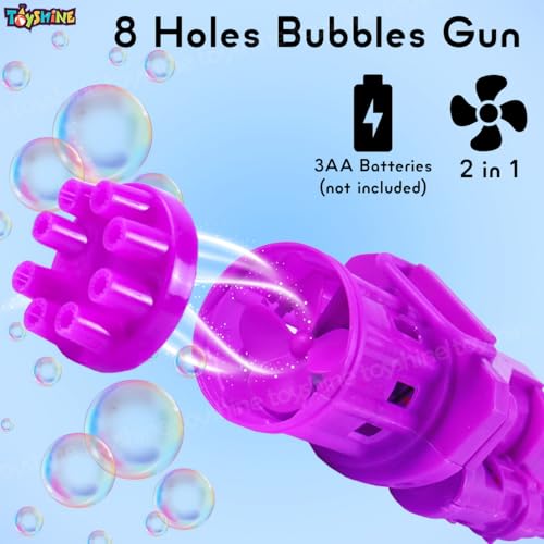 Image of Toyshine 8 Hole Electric Bubbles Gun Gatling Bubble Machine Toy with Scoup Bottle for Children Party Favors Outdoor & Indoor Activity for Boys Girls 3 Years and Above (Purple)