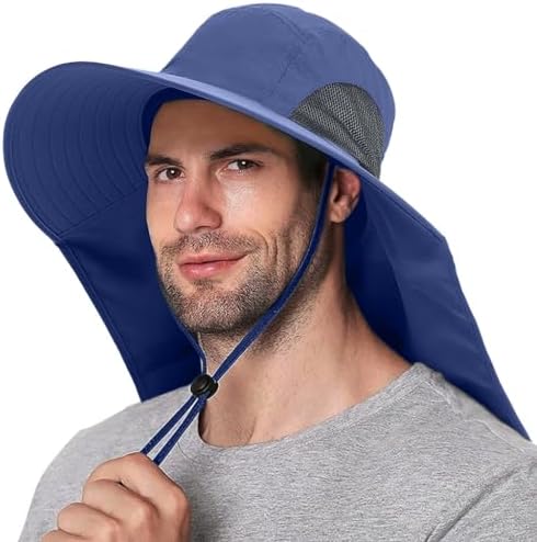 GUSTAVE Sun Hat for Men UPF 50 Wide Brim Neck Flap Chin Strap Navy