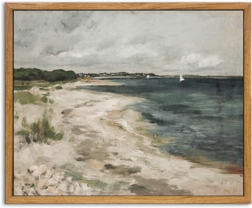 KBKBART Vintage Wall Art, Retro Coastal Seaside Beach House Framed Canvas Art Prints Painting Farmhouse Decor, Rustic Impressionism Scenic Landscape Wall Decor for Bathroom, Bedroom(9″x11″)