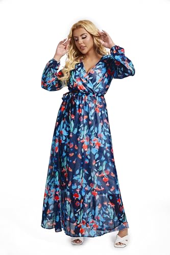 Image of lvenzse Womens Maxi Dress Boho Chiffon Floral Printed Long Party Dresses Plus Size with Belt (FBA)