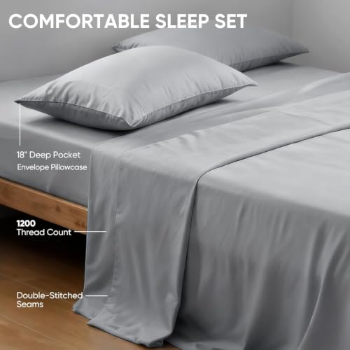 Image of TWK Real 100% Viscose Derived from Bamboo Sheets Set Full Size, Cooling & Silky Soft for Hot Sleeper, Breathable & Moisture Wicking Fabric, 18 inch Deep Pocket with Corner Straps (Gray, Full)