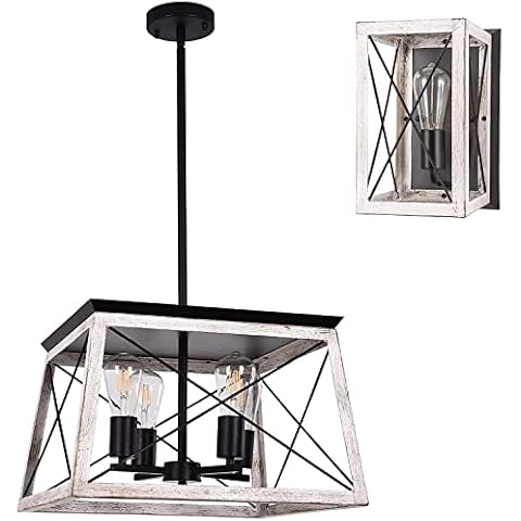 Luupyia 4-Lights Farmhouse Rectangular Chandeliers and Single Farmhouse Wall Light Fixtures Cover