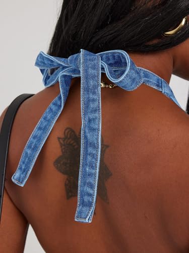 Image of Tankaneo Womens Halter Denim Vest Tops Summer Sleeveless Open Back Y2K Going Out Jean Tank Tops V Neck Button Up Waistcoat