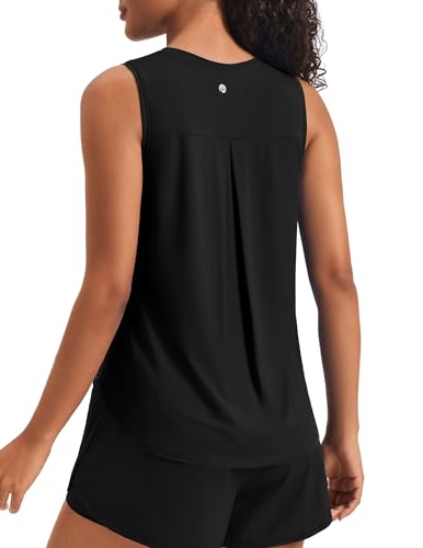 PINSPARK Women Workout Tank Tops with Back Pleat Soft Ice Silk Sleeveless Yoga Muscle Fitness Shirts Stretch Athletic Running Gym Activewear Black M