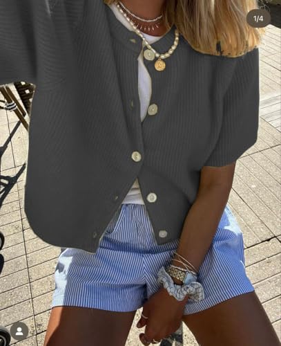 Image of Women Lightweight Knitted Cropped Cardigan Shirt Short Sleeve Button Down Sweater Y2k Open Front Loose Ribbed Shirt