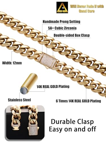 12mm Miami Cuban Link Bracelet 14K REAL Gold Plated Hypoallergenic Premium Stainless Steel Hip Hop Jewelry For Men Women Father Day Birthday Gift (No Color Fade, Double-sided Iced Out Clasp)4