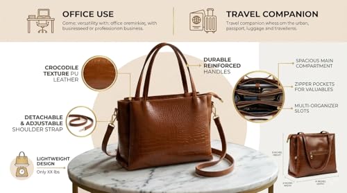Image of AVERAA Women's Premium Croco Pattern Handbag with Sling Strap | Large Tote Purse L14xW6x9 Inch | Multi-Compartment Office Bag | Stylish Shoulder Bag for Work, Travel & Daily Use