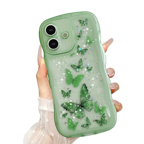 UEEBAI Wave Butterfly Case for iPhone 17 Case, Pretty Bling Star Butterfly for Women Cute Shiny Glitter Phone Cover for Girls Bling Clear Cover Curly Shockproof Girly Shell - Green