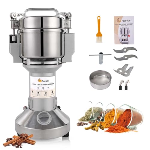 FoundGo Electric Grain Mill 10.6oz/300g Commercial Grain Grinder Stainless Steel Powder Grinding Machine 25,000rpm Pulverizer for Spice/Coffee/Flour/Pepper/Herb Superfine (300g, Standing)