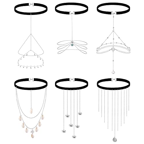 Kakonia 6 Pièces Chaîne de Corps pour Femmes Sexy Or Argent Chaîne de Cuisse Élastique Jambe Chaîne Boho Bijoux de Corps pour Plage Été Vacances Jambe Chaîne Déesse Costume Accessoires, Argent