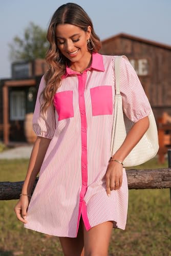 Image of AlvaQ Women Dress Summer 2025 Casual V Neck Short Sleeve Button Down Striped Tunic Dresses with Pockets