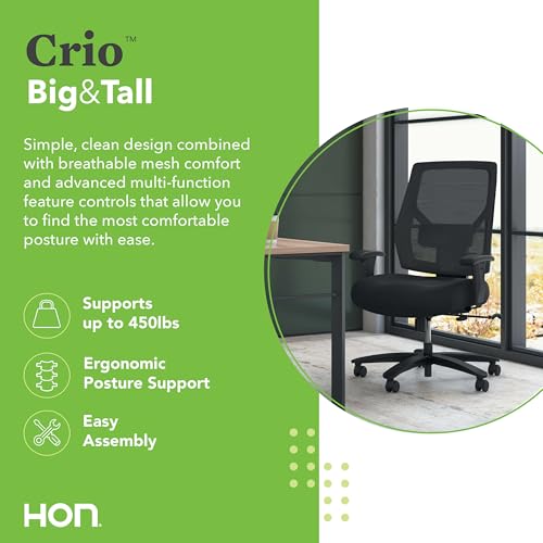 Image of HON Crio Big and Tall Ergonomic Mesh Office Chair, Extra‑Wide High‑Back Desk Chair with Adjustable Arms, Lumbar Support, Heavy‑Duty Tilt Recline, Swivel Wheels, Black Frame, Black