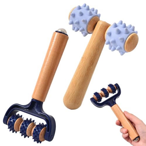 Zasjon Massageroller mit Griff, 3 Stück Massage Roller mit Igelball Massageball, Selbstmassagerolle Massagegerät Massagewerkzeuge für Beine RüCken Arme Schultern Muskelschmerzen (Holzfarbe 3)