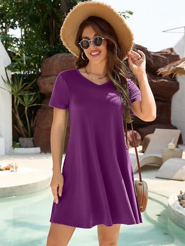 Image of KORSIS Dresses for Women Casual T-Shirt Summer Short Sleeve Loose Comfy Dress Swing Flowy Beach Vacation Sundress with Pocket