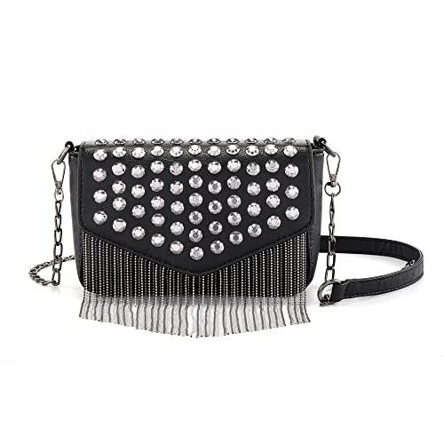 Ayliss Women Crossbody Handbag Purse Small Rivets Studded Tassel Shoulder Bag Clutch Gothic Punk Rock Party Funky Bag (Rectangle Black)