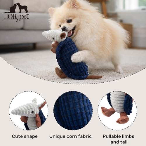 Image of Hollypet Plush Dog Squeaky Toy Stuffed Armadillo Animal Pet Puppy Chew Toys with Clean Teeth for Small Medium Large All Breed Sizes Dogs, Ultramarine, 8 in