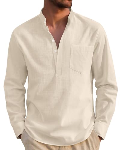 J.VER Grandad Shirts for Men Linen Long Sleeve Regular Fit Casual Summer Beach Cotton Shirt with Pocket Beige S