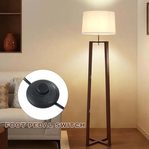 Image of 66 inch Bamboo Corner Floor Lamp with Linen Shade, Mid Century Standing Lamp, Modern Natural Tall Floor Lamp for Living Room Bedroom Office, E26 (Walnut Color)