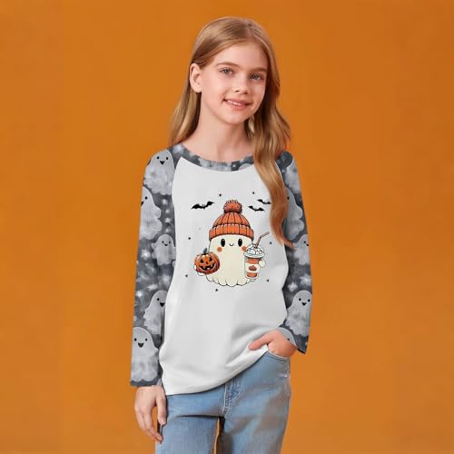 Girls Halloween Plaid Raglan Sleeve Shirt Cute Witch Pumpkin Print Casual Long Sleeve Top for Fall Party3