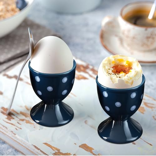Image of Cinf Ceramic Egg Cups, Set of 2, Boiled Egg Holders for Breakfast, Blue | Set of 2 ceramic egg cups, easy to clean, elegant blue design for boiled eggs, breakfast serving and everyday dining