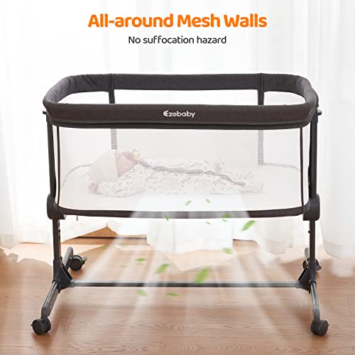 Ezebaby Baby Bassinet With Wheels, Bedside Bassinet Co Sleeper Crib For Newborn Baby Infants With All Mesh Sides And Adjustable 7 Heights, Mattress & Sheet Included #TOP3