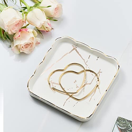 Prevve Jewellery Holder for Rings Earrings Necklace Bracelets, 4 Inches Ceramic Square Small Trinket Tray, Aunt Gifts Trinket Dish, Women Engagement Birthday Wedding Christmas Gifts (White)