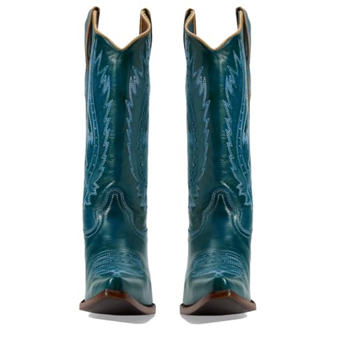 Women Vintage Embroidered Cowboy Boots Knee High Western Boots Chunky Stacked Heel Pointed Square Toe Mid Calf Cowgirl Boots Metallic Matte Pull On V Cut Fall Boot Exotic 4-11 M US3