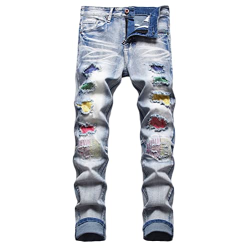 ORANDESIGNE Jean Déchiré pour Homme Printemps Automne Slim Fit Denim Pantalon Stretch Jean Délavé Garçon Coupe Basique Jeans de Moto Jean Skinny J Bleu XL