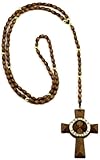 GWOOD Veritas Aequitas Brown/Gold Color Wood 34 Inch Plus 5 1/2 Inch Drop Pendant Rosary Necklace
