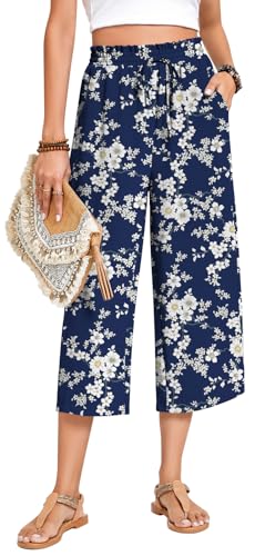 Image of Anyhold Women's Capri Pants Drawstring Casual Palazzo Trousers with Pockets Loose High Waisted Wide Leg Lounge Pants