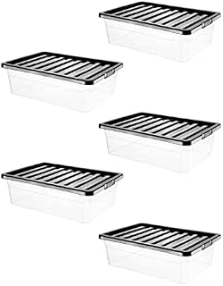 VTL® 5 X 32 LITRE UNDER-BED PLASTIC STORAGE BOX CLEAR BOX WITH BLACK LID (PACK OF 5)