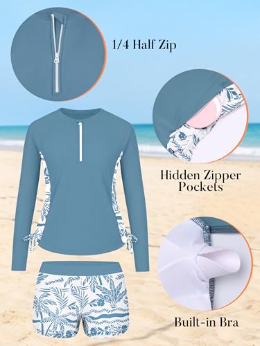 Image of Girls Rash Guard Swimsuit Long Sleeve Swim Shirt with Pockets UPF 50+ 7-16Y | Two Piece Set with Boy Shorts,Swimsuit Top with Side Zip Pockets,Quick-Qrying,Half-Zip & Drawstrings Design,Color Block