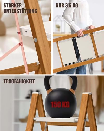 ATTESTIERER Trittleiter 3 Stufen klappbar,150 kg Kapazität mit Anti-Rutsch-Pedal,Tragbarer Tritthocker aus Alu,einfach zu verstauen,Innen- und Außenbereich, ästhetisches Aussehen,Weiß Holz Look