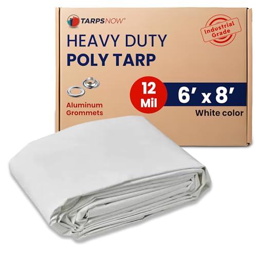 Tarps Now 6x8 Feet Poly Tarp |12 MIL Heavy Duty Waterproof Cover |Rip and Tear Proof Plastic Tarp with Rustproof Aluminum Grommets & Reinforced Edges |Ideal for Roof Repairs, Landscaping-White